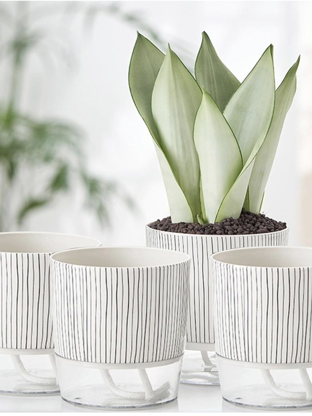 4 Pack Self Watering Planter Pots 5.5" Striped Beige & Black Indoor Outdoor